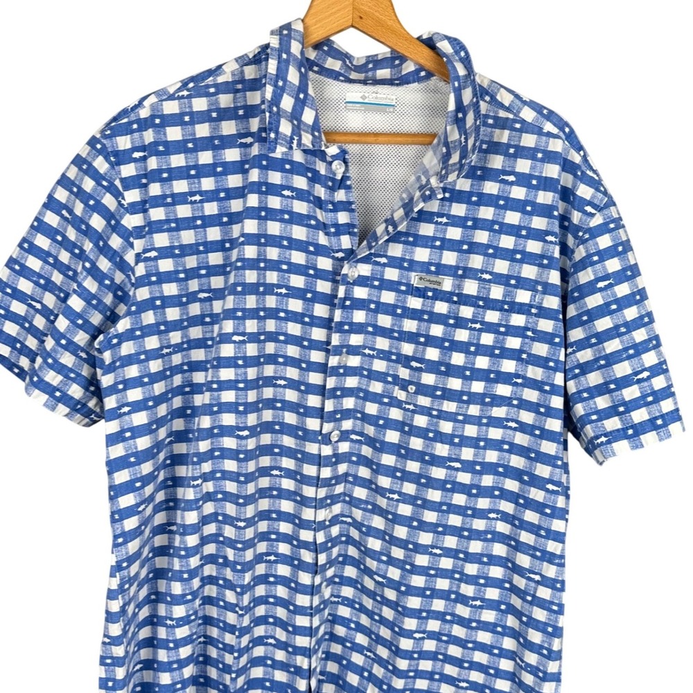 Columbia PFG Mens Blue Gingham Fish Print Short Sleeve Fishing Shirt Large FM701